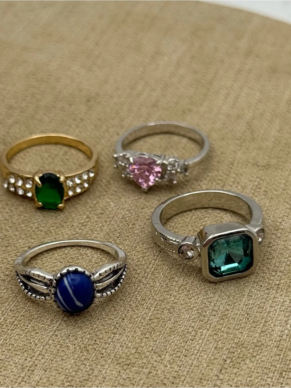 Set of 4 Mixed Gemstone Fashion Ring Set - Green, Pink, Blue, Emerald Tones